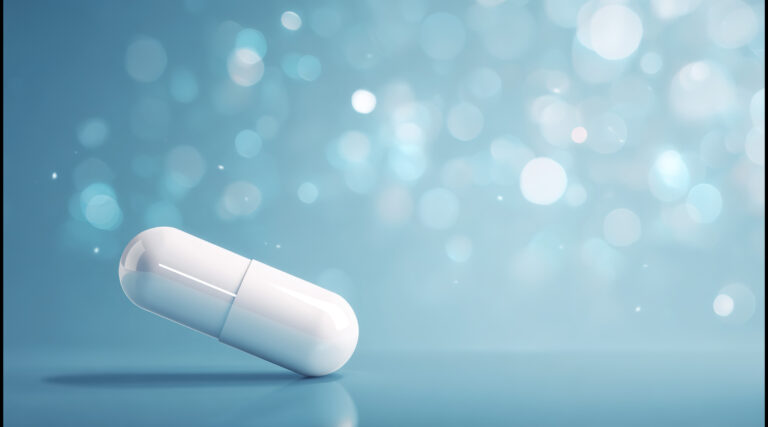 Illustration af slankepiller som kontrast til rigtig mad og sunde valg – symbol på hurtige løsninger kontra varige vaner.